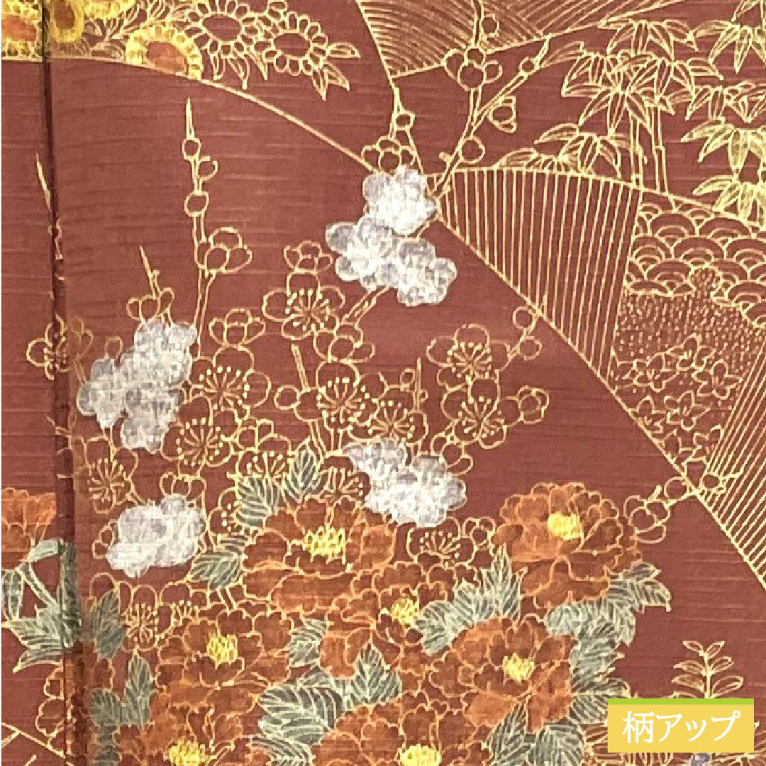 Homongi, pure silk, lined, length 161cm, sleeve length 63cm, azuki color, Kyo-Yuzen, flower cart, auspicious motif, S rank, red, 1112004302412