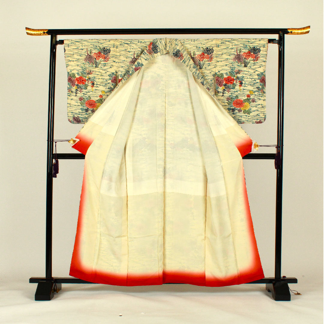 小紋 身丈160cm 裄丈65cm 袷  型染 松葉 花模様  正絹 Bランク クリーム系 1115001194315