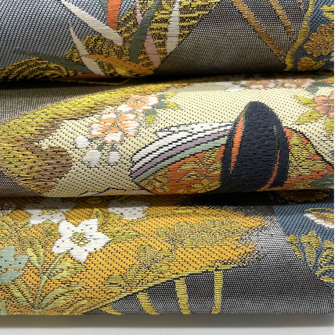 【未仕立】袋帯 正絹 Aランク 紀州茶色（きしゅうちゃいろ） 紫式部 扇 一蔵  帯丈462cm 六通 フォーマル グレー系 1123007943422