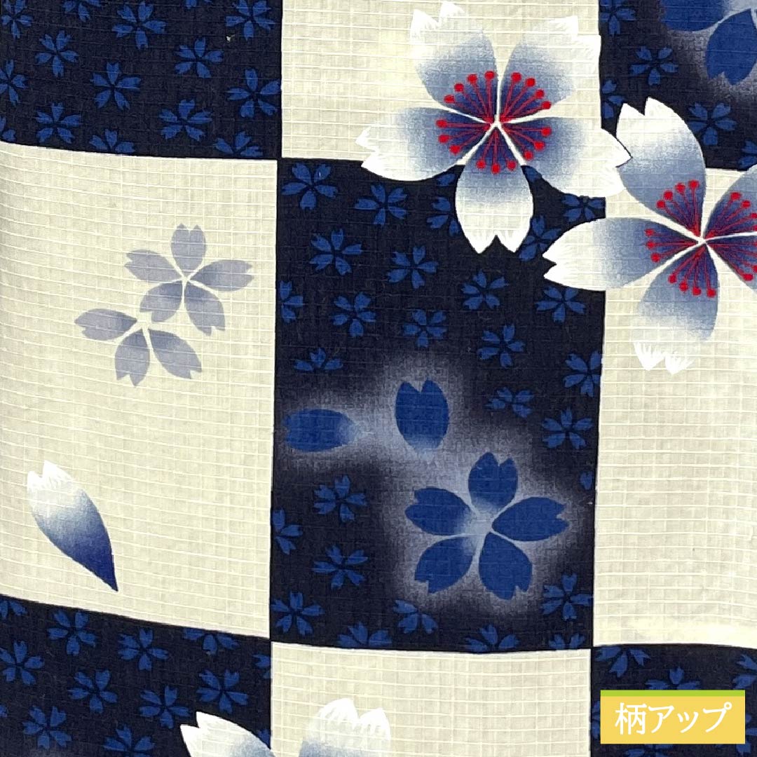 Cotton Yukata, Length 162cm, Sleeve Length 69cm, Rank B, Single-Layer, Gradient, Off-White/Dark Navy, Checkered Pattern, Cherry Blossom Design, Product Number: 1118005994499
