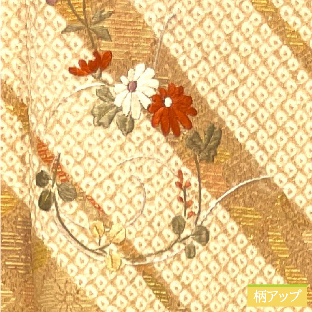 Homongi, pure silk, lined, length 150cm, sleeve length 62.5cm, walnut color, tie-dye, Kyoto yuzen, embroidery, floral pattern, S rank, beige, 1112004452125