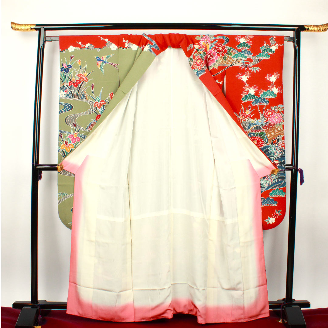 振袖 身丈165cm 裄丈65.5cm 袷  栗梅色 京紅型 鴛鴦 松竹梅  正絹 Sランク 赤系 1113000902512