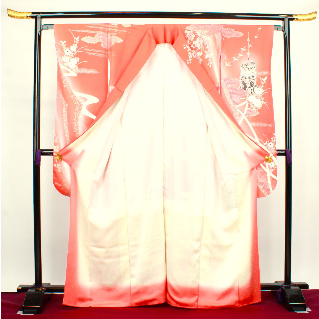 Long-sleeved kimono, length 166cm, sleeve length 63cm, lined, medium red, spear, floral pattern, pure silk, A rank, vermilion, 1113001463516