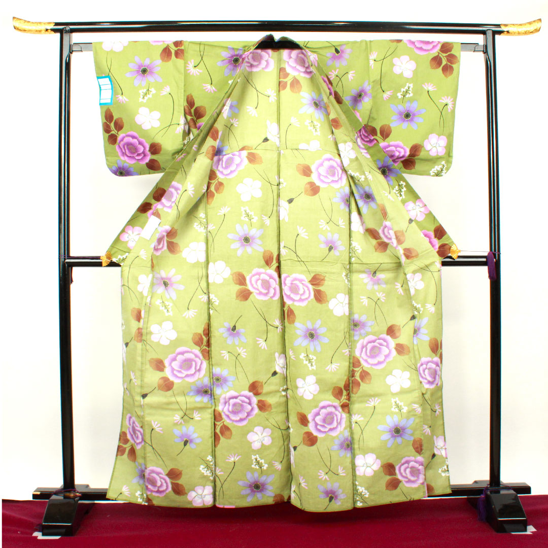 Yukata, green, floral pattern, cotton, S rank, single layer, length 162cm, sleeve length 62cm, green 1118001142419
