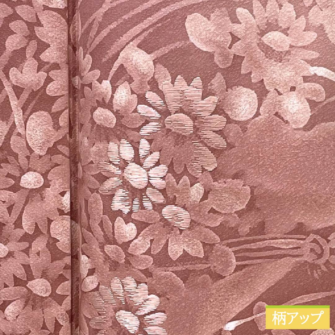 Homongi (visiting kimono) made of pure silk, grade A, with a lined lining, length 155cm, sleeve length 62cm, light crest (asabe niiro), single crest, batik (wax-resist dyed) floral motif, layered collar, pink, product number 1112006323313
