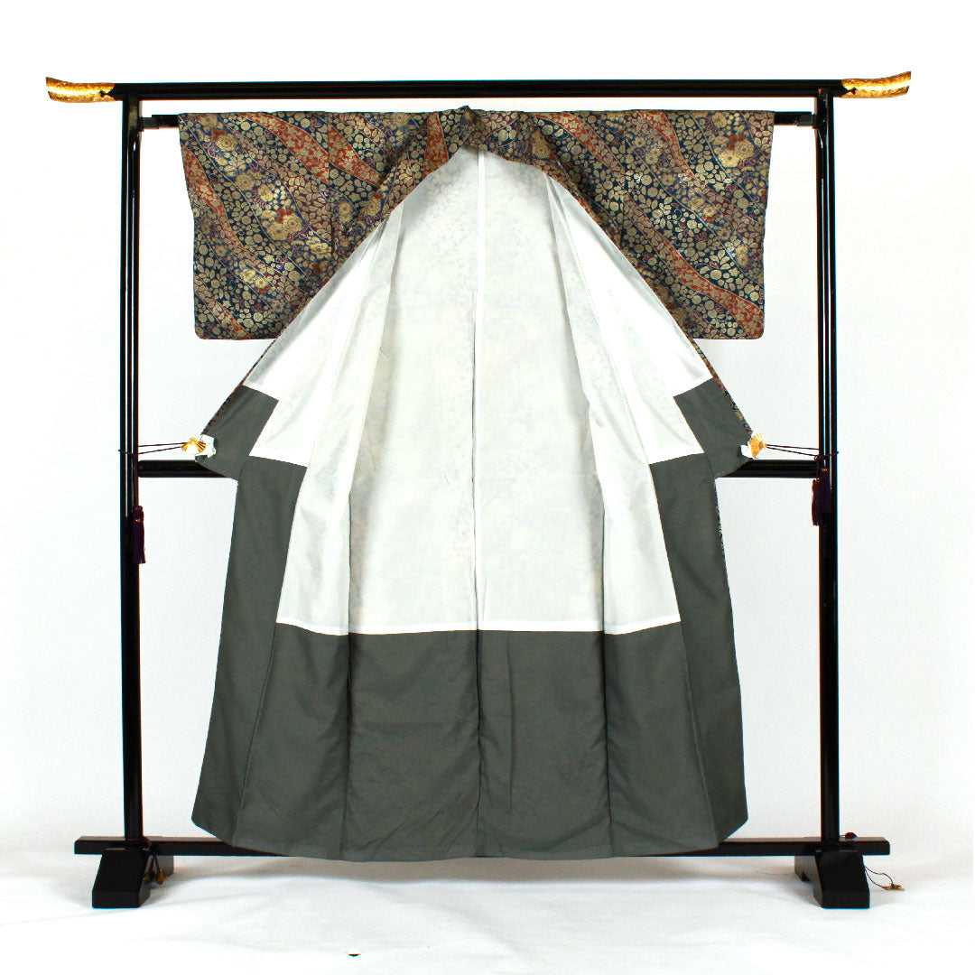 小紋 身丈159cm 裄丈63cm 袷  辻ヶ花 洗える着物  ポリ Sランク 紺系 1115000902318