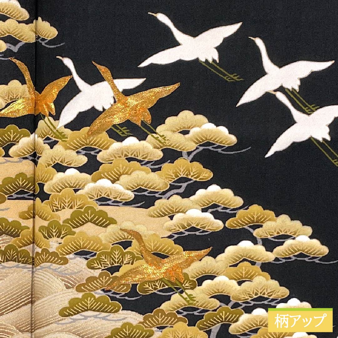 Black Tomesode (Japanese Kimono) - Pure Silk, Grade A, Length 167cm, Sleeve Length 67.5cm, Lined, Kyoto Yuzen, Five Crests, Chūin Gosan Paulownia, Crane, Pine, Hagi, Wave, Five Crests, Black, 1111002053510