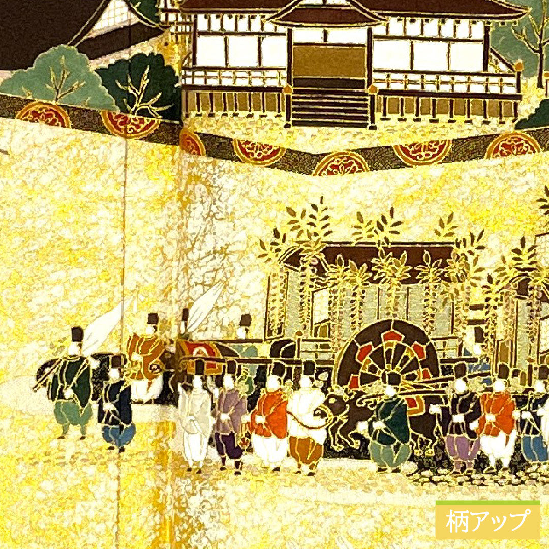 黒留袖 正絹 身丈162.5cm 裄丈69cm 袷 京友禅 大名行列 作家物 松尾光琳 五つ紋 丸に角立四ツ目 Aランク 黒系 1111001603410