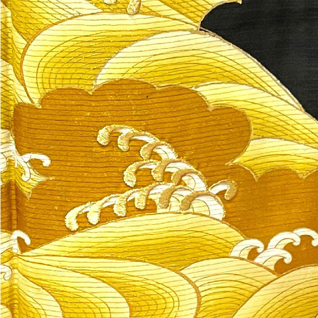 Summer polyester black formal kimono, length 159.5cm, sleeve length 66cm, wave pattern, washable kimono, Gosankiri, silk, B rank, black, 1132001474310