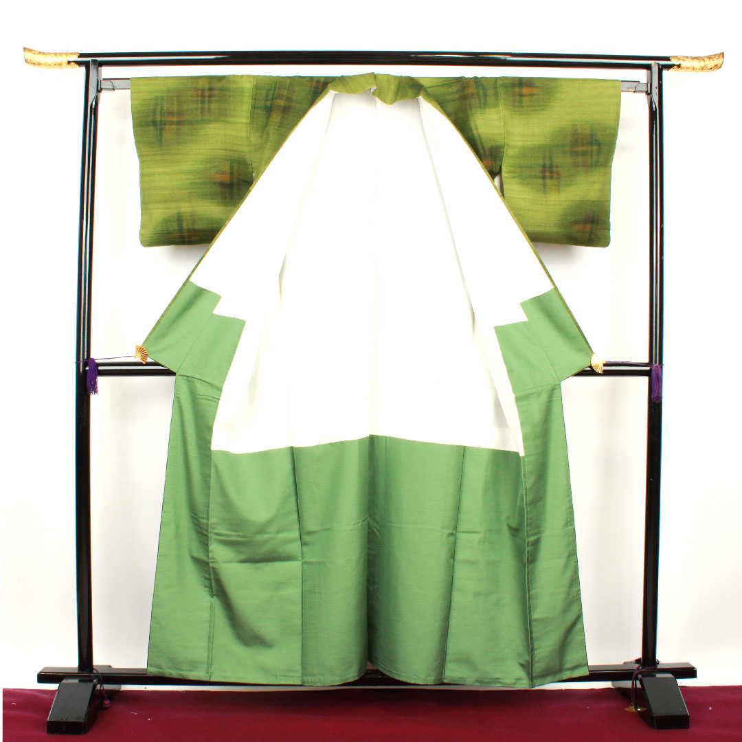 Tsumugi, Length 158cm, Sleeve length 61cm, Green, Abstract pattern, Pure silk, S rank, Lined, Green, 1116002042319
