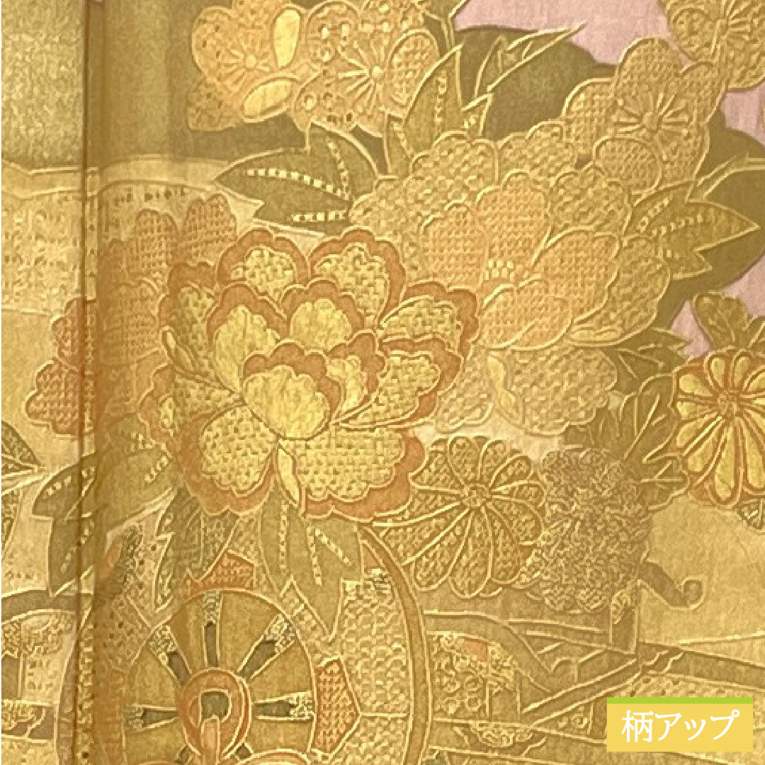 Homongi, pure silk, lined, length 156.5cm, sleeve length 62.5cm, modern colors, Kyoto Yuzen, Shantou embroidery, flower cart, S rank, pink, 1112004942313