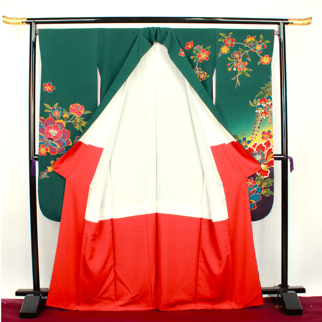 振袖 身丈166cm 裄丈68.5cm 袷  鉄色 桜 菊  正絹 Sランク 緑系 1113000972519