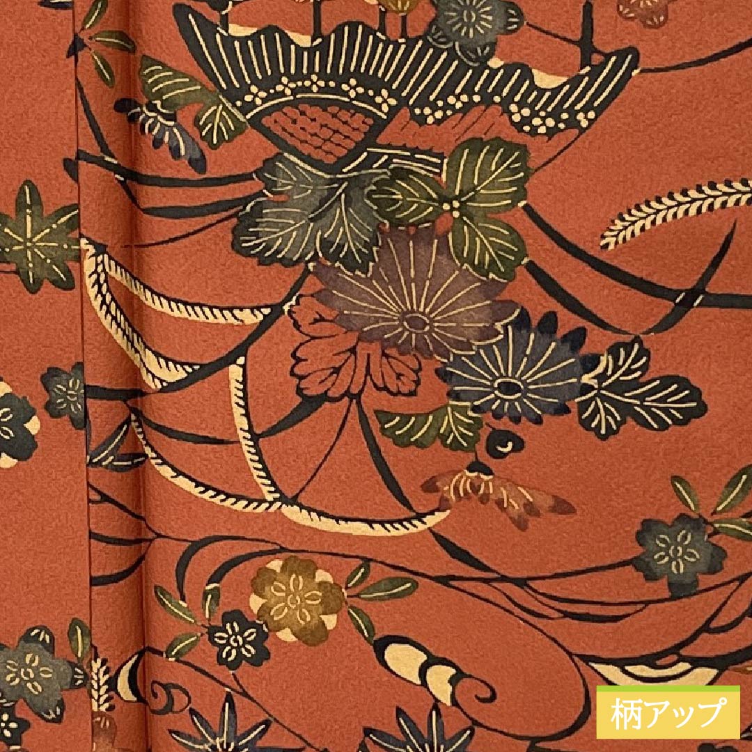 Small-patterned kimono, polyester, S rank, length 169.5cm, sleeve length 67cm, lined, scarlet copper (hidoushoku) color, stencil-dyed floral pattern, with basting thread, washable, brown, 1115007112514