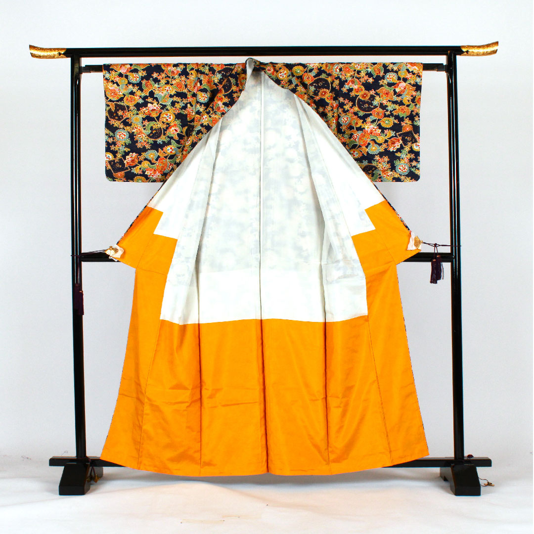 小紋 身丈162.5cm 裄丈63.5cm 袷  草花模様  正絹 Sランク 紺系 1115001422418