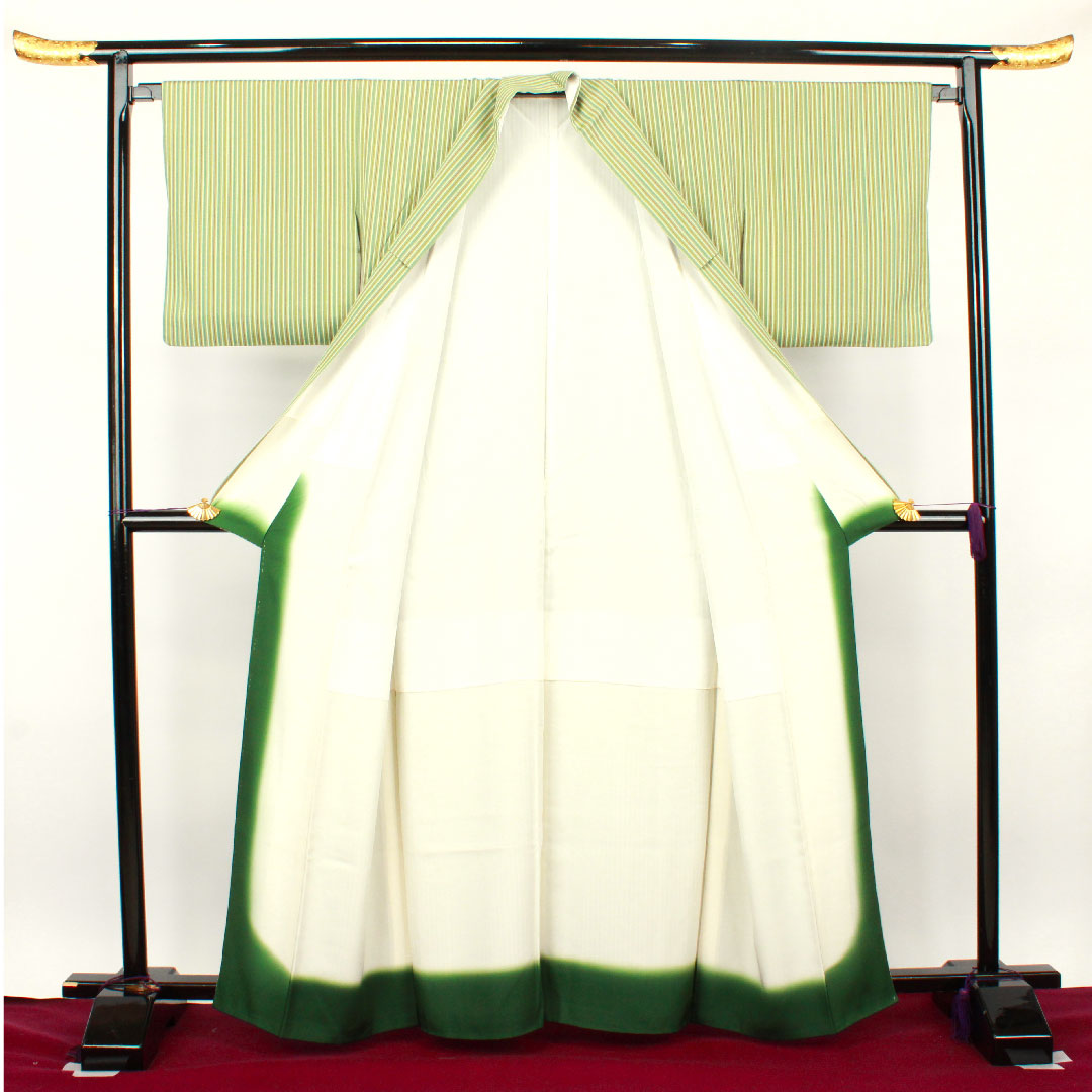 小紋 身丈164cm 裄丈62.5cm 袷  裏葉色 縞  正絹 Sランク 緑系 1115002782419