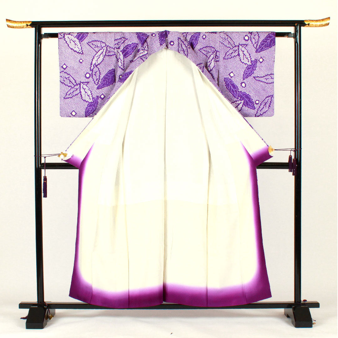 Komon, Length 158cm, Sleeve length 62cm, Awase, All tie-dye, Leaf pattern, Pure silk, A rank, Purple, 1115001883320