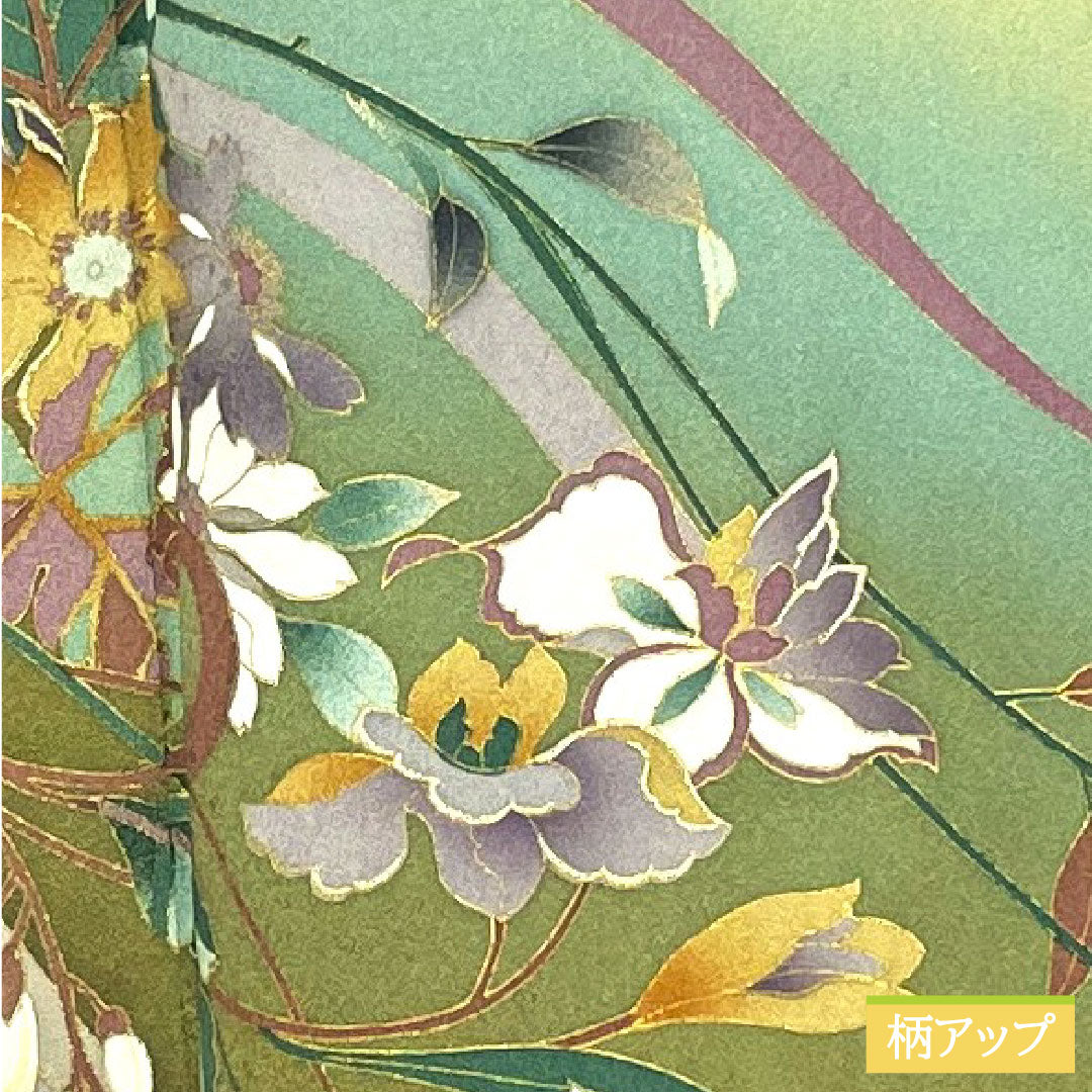 Homongi, pure silk, lined, length 156.5cm, sleeve length 62.5cm, ochre, Kyoto Yuzen, floral pattern, Scotchguard processing, S rank, yellow, 1112004422323