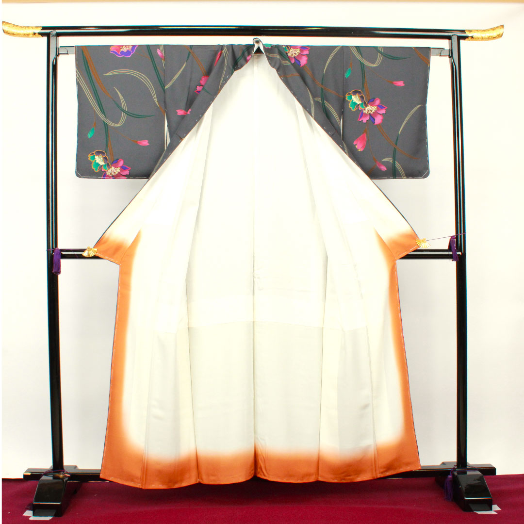 小紋 身丈158.5cm 裄丈64cm 袷  鋼色 しつけ糸付き 未使用品 手描き 京友禅 草花模様  正絹 Sランク グレー系 1115002902322