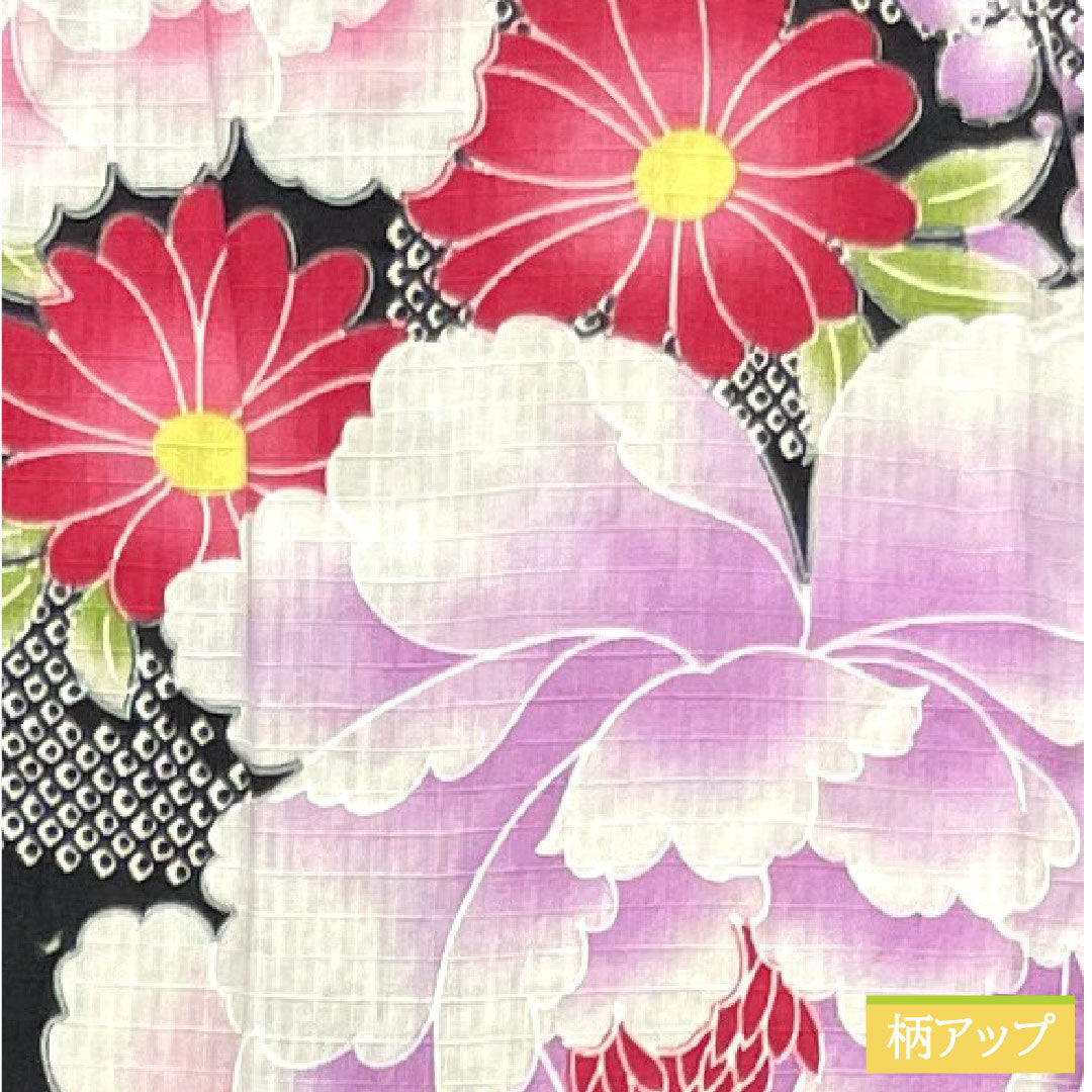 Yukata Cotton Length 138.5cm Sleeve length 61.5cm S rank Single layer Black Peony Hydrangea Butterfly Checkered 1118005122110
