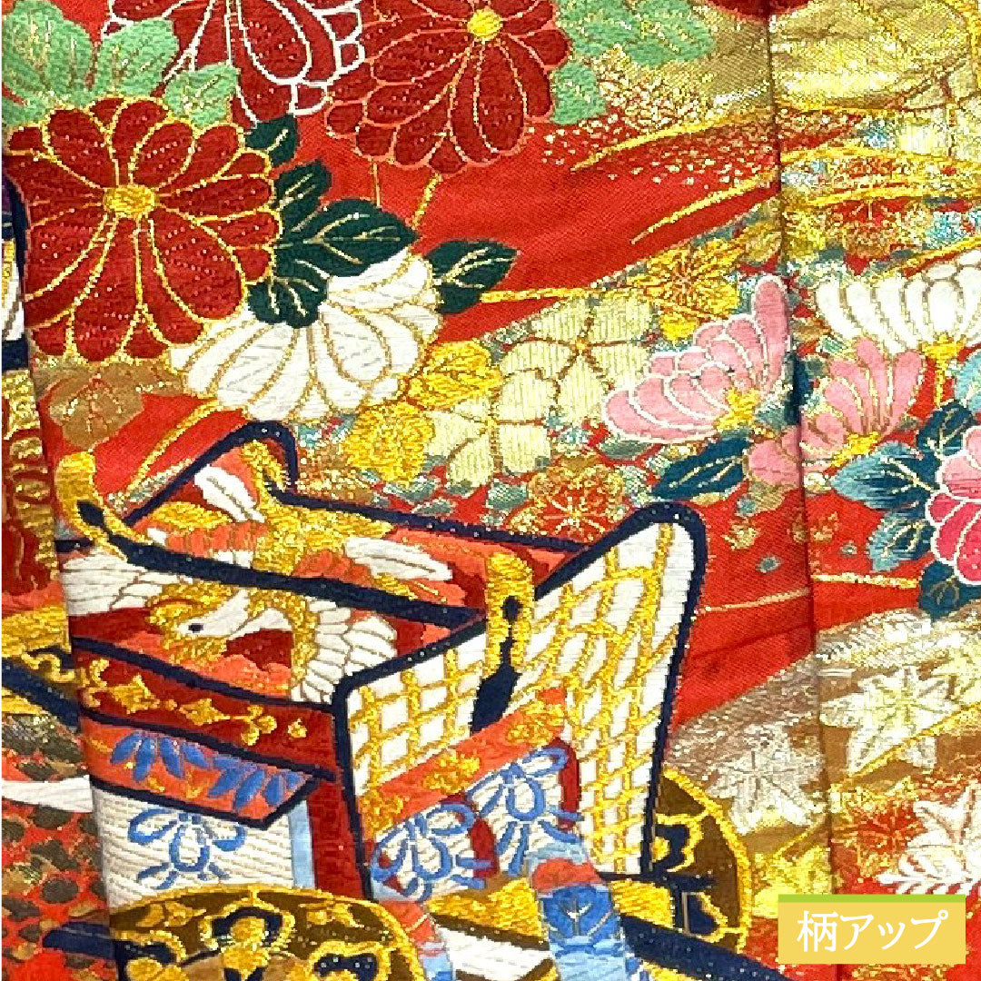 色打掛 正絹 身丈188.5cm 裄丈67cm  洋紅色（ようこうしょく） 御所車 吉祥文様 Sランク 袷 赤系 1110000792912