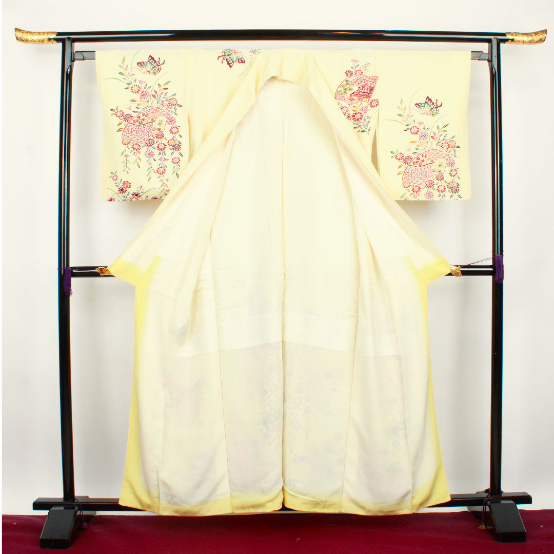 Homongi, lined, length 159cm, sleeve length 62.5cm, Torinoko color, Kyoto Bingata, floral pattern, pure silk, A rank, cream color, 1112001943315