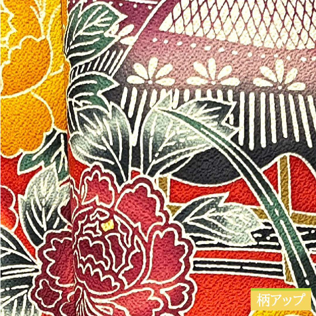 Furisode, pure silk, length 163cm, sleeve length 66.5cm, lined, scarlet, Kyoto Bingata, auspicious motif, S rank, red, 1113001852412