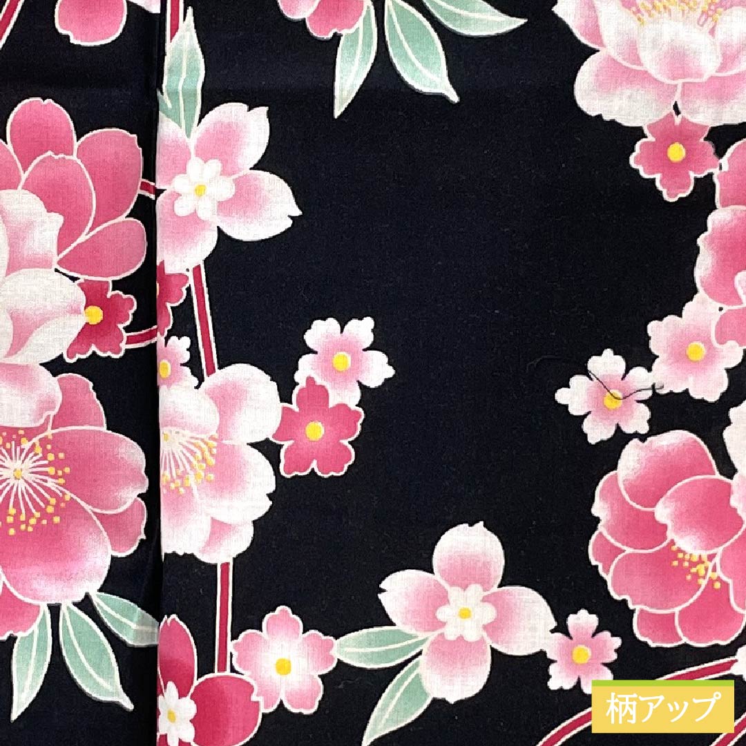 Cotton Yukata, Length 151cm, Sleeve Length 62cm, A Rank, Single Layer, Black, Camellia Pattern, 1118005963210