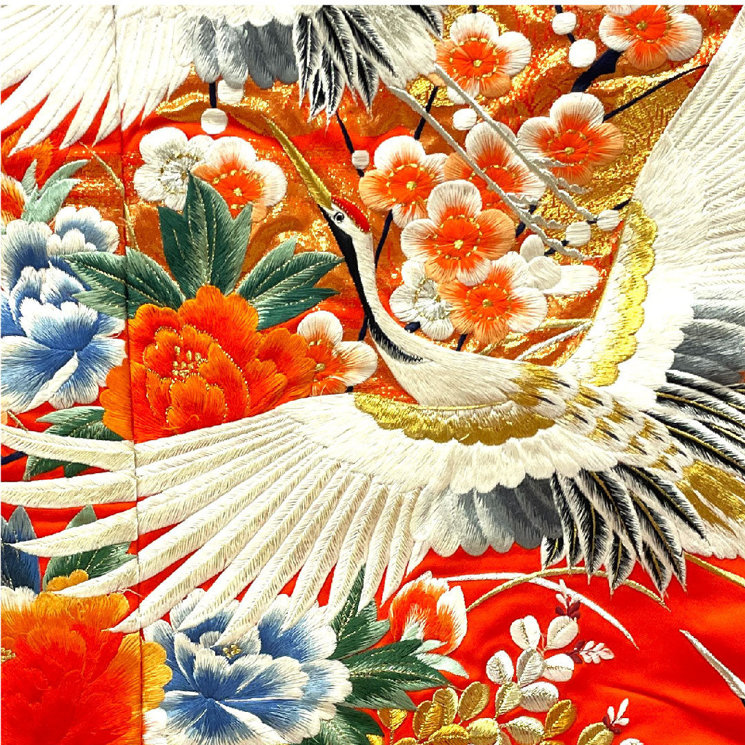 色打掛 身丈185cm  緋色 刺繡 花車 鶴 正絹 Bランク 袷 朱系 1110000264916