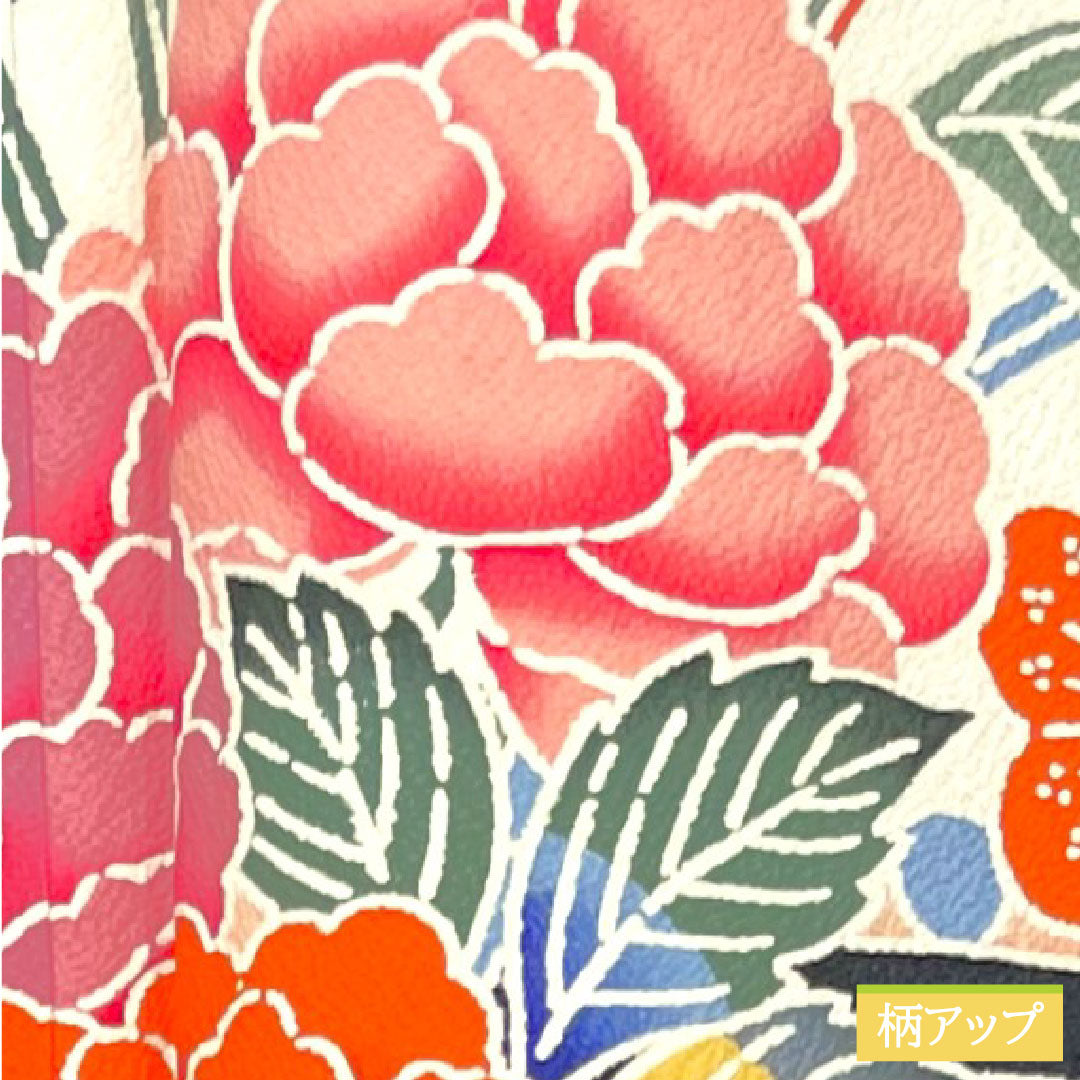 Furisode (long-sleeved kimono) made of pure silk, length 162.5cm, sleeve length 63.5cm, lined, silver-vermilion, Kyoto Bingata, auspicious motif, S rank, vermilion, 1113002112416