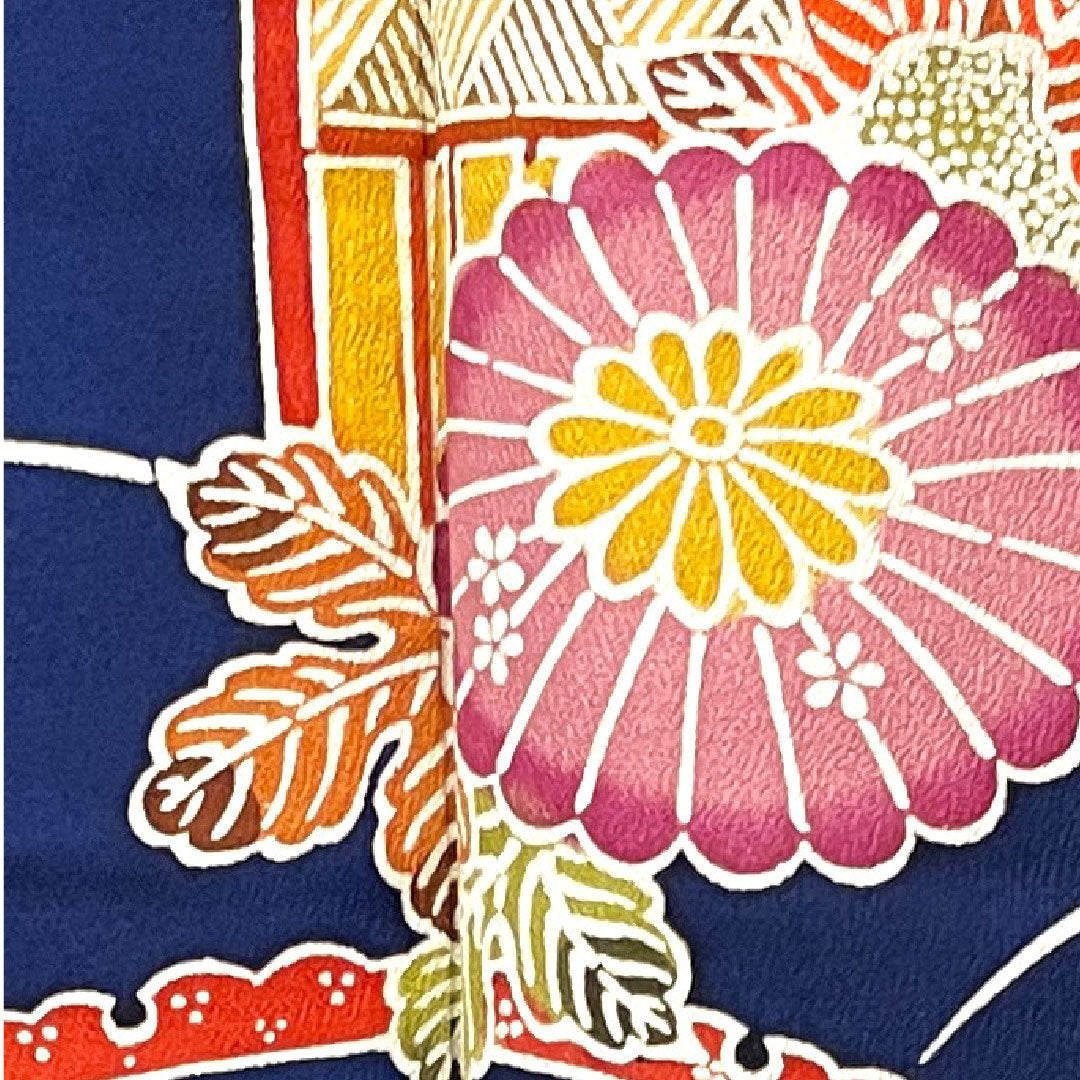 小紋 身丈156.5cm 裄丈62cm 袷  紺藍色 京紅型 菊 露芝  正絹 Sランク 紺系 1115003382318