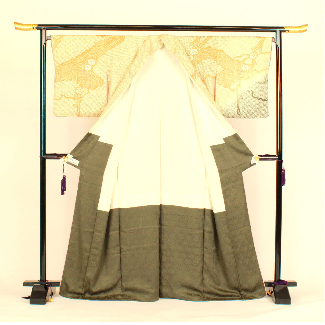 Homongi, lined, length 167cm, sleeve length 69cm, all-over tie-dye, embroidery, auspicious motif, pure silk, S rank, yellow, 1112000562523