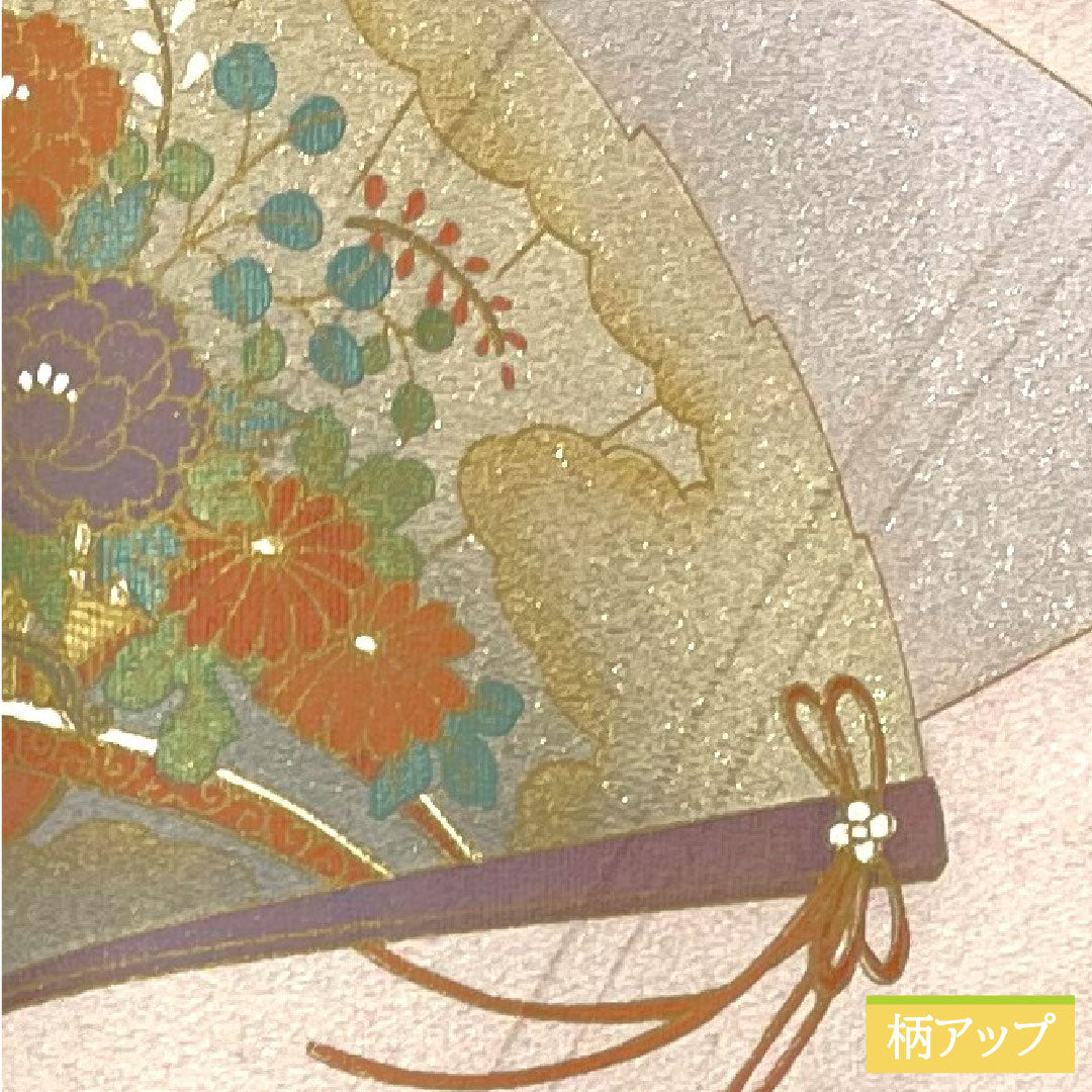 訪問着 ポリエステル 袷 身丈159cm 裄丈63cm 桜色（さくらいろ） 洗える着物 扇 半衿付き Sランク ピンク系 1112004382313
