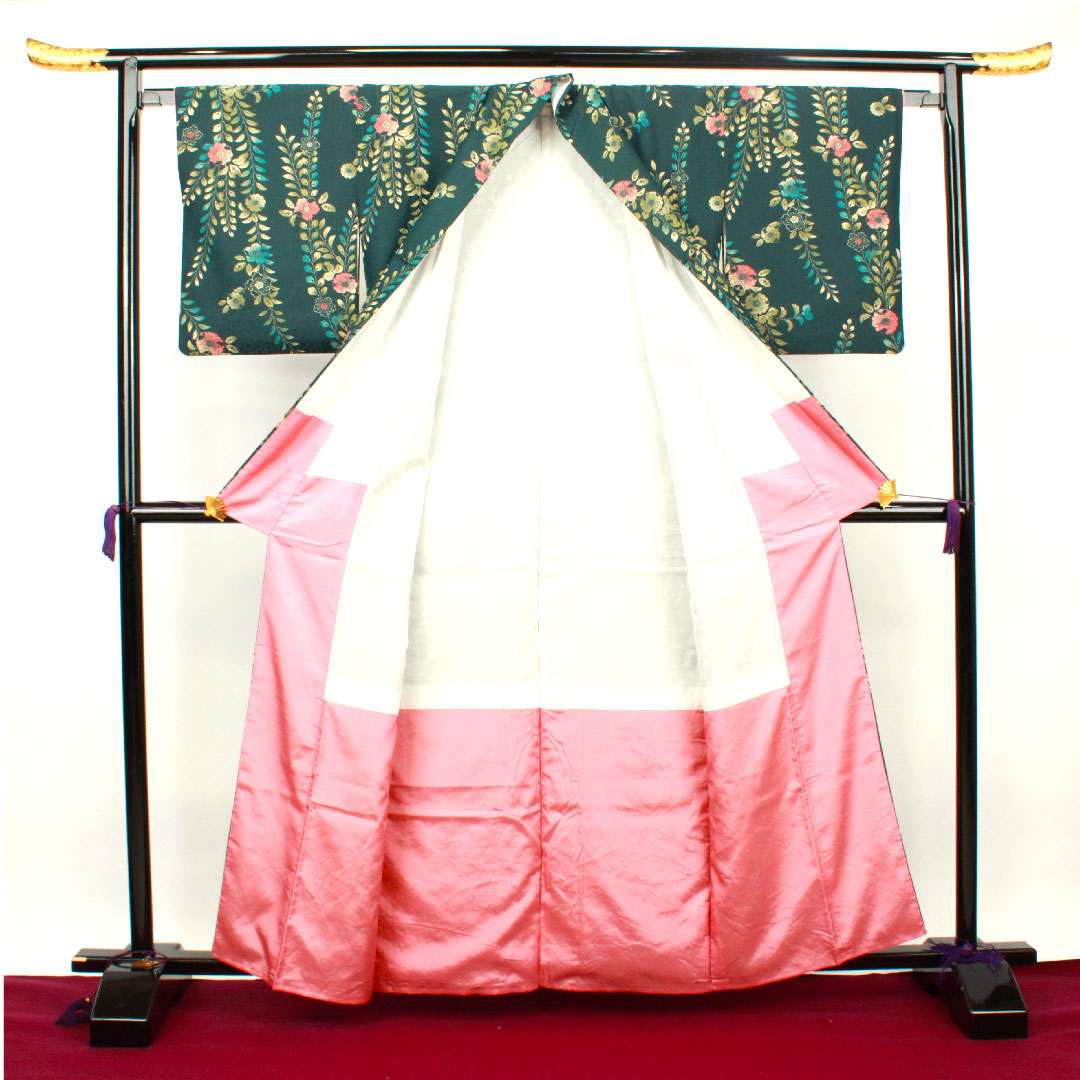 小紋 身丈161cm 裄丈64.5cm 袷  鉄色 洗える着物 辻ヶ花  ポリ Sランク 緑系 1115002612419