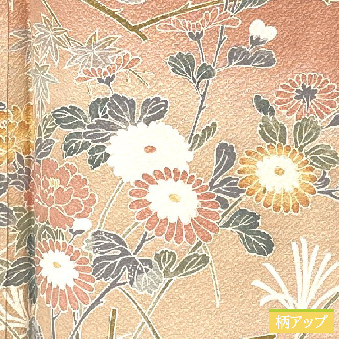 Homongi, pure silk, lined, length 162cm, sleeve length 64cm, Shinonome-iro, Kyoto Yuzen, floral pattern, with basting thread, S rank, pink, 1112005692413