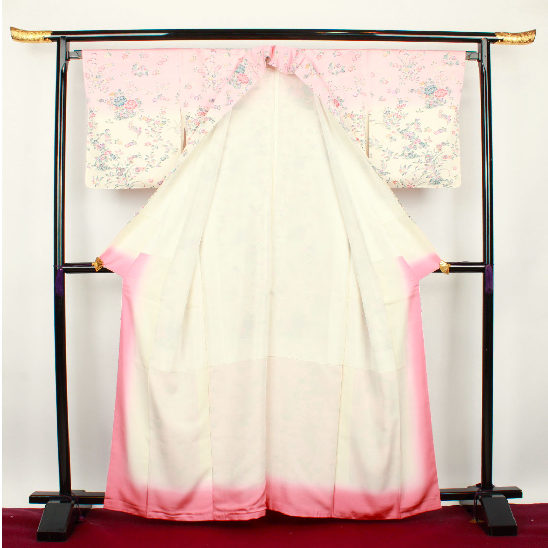 Homongi, lined, length 162.5cm, sleeve length 65cm, single layer plum color, Kyoto Yuzen, floral pattern, pure silk, S rank, pink, 1112001922413