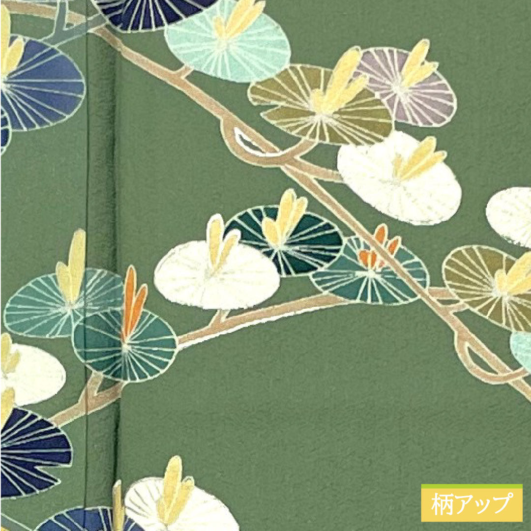 Homongi, pure silk, lined, length 146.5cm, sleeve length 60cm, rokan-iro, Kyoto yuzen, abstract pattern, basting thread included, unused, S rank, green, 1112005102119