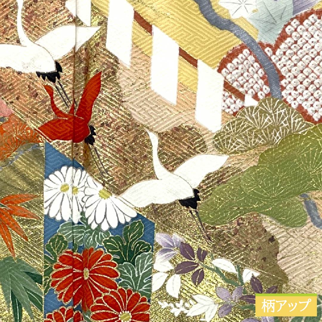 Furisode (long-sleeved kimono) made of pure silk, S-rank, length 152cm, sleeve length 61cm, lined, scarlet, Kyoto Yuzen, featuring auspicious motifs of cranes, plum blossoms, and pine trees in red. Product code: 1113002182212