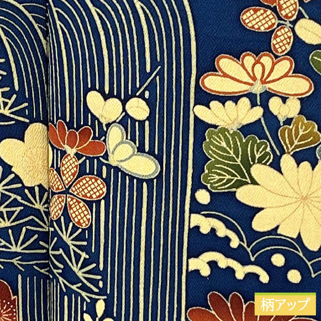 Visiting Kimono, Pure Silk, Grade A, Lined, Length 160cm, Sleeve Length 64.5cm, Navy Blue, Stencil Dyed, Flowing Water, Small Flowers, Navy Blue, Item Number: 1112006913418