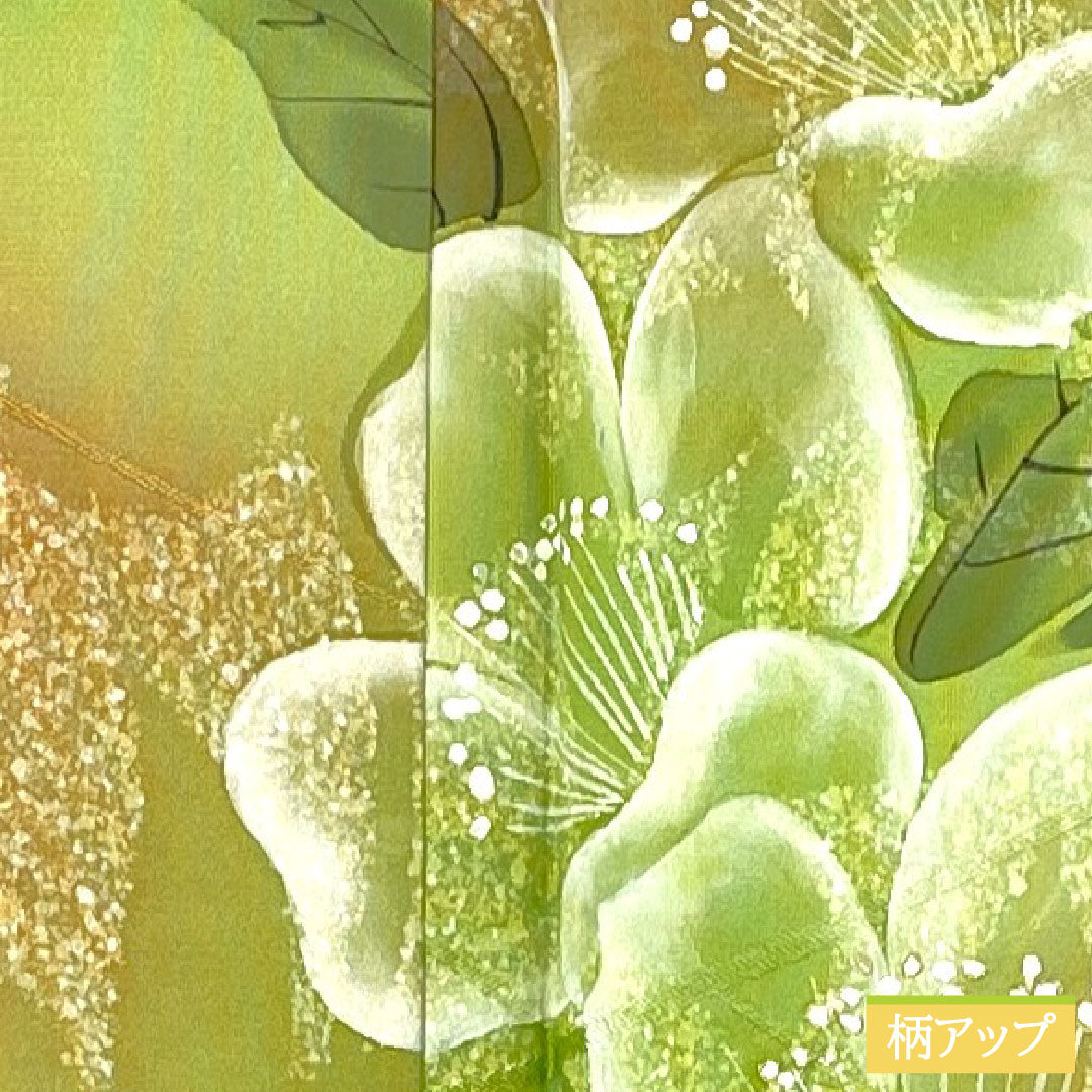 Homongi, pure silk, lined, length 158.5cm, sleeve length 62.5cm, yellowish green, floral pattern, wet-dyed yuzen, A rank, green, 1112005763319