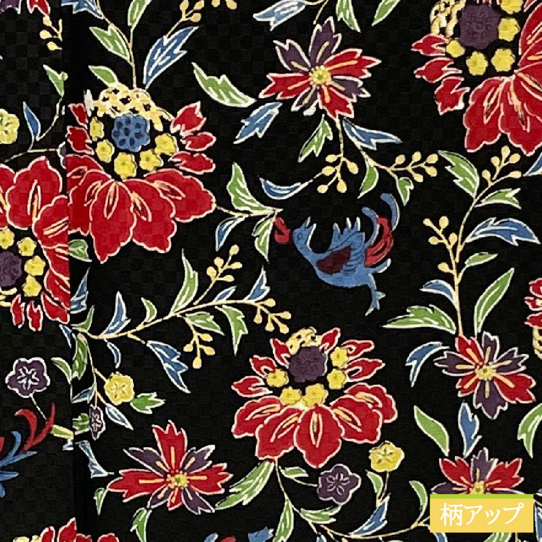 Komon (small pattern) kimono, pure silk, A-rank, length 160.5cm, sleeve length 66cm, lined, floral and bird motifs, black with basting thread, product number 1115007073410