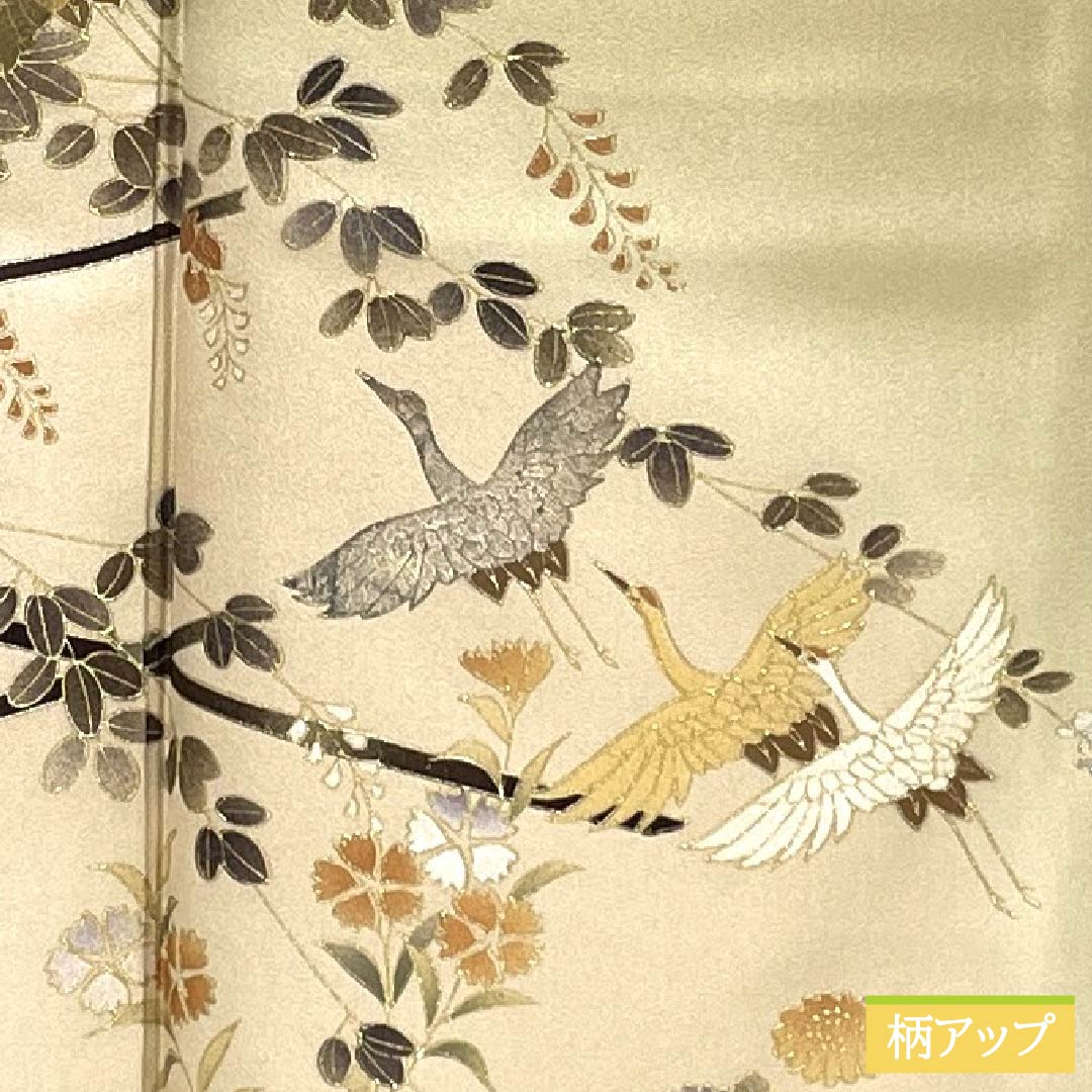 Visiting Kimono, Pure Silk, Rank B, Lined, Length 165.5cm, Sleeve Length 67cm, Pale Yellowish Brown, Gold Accents, Flowing Water and Crane Design, Yellowish Color, Product Number: 1112006904523