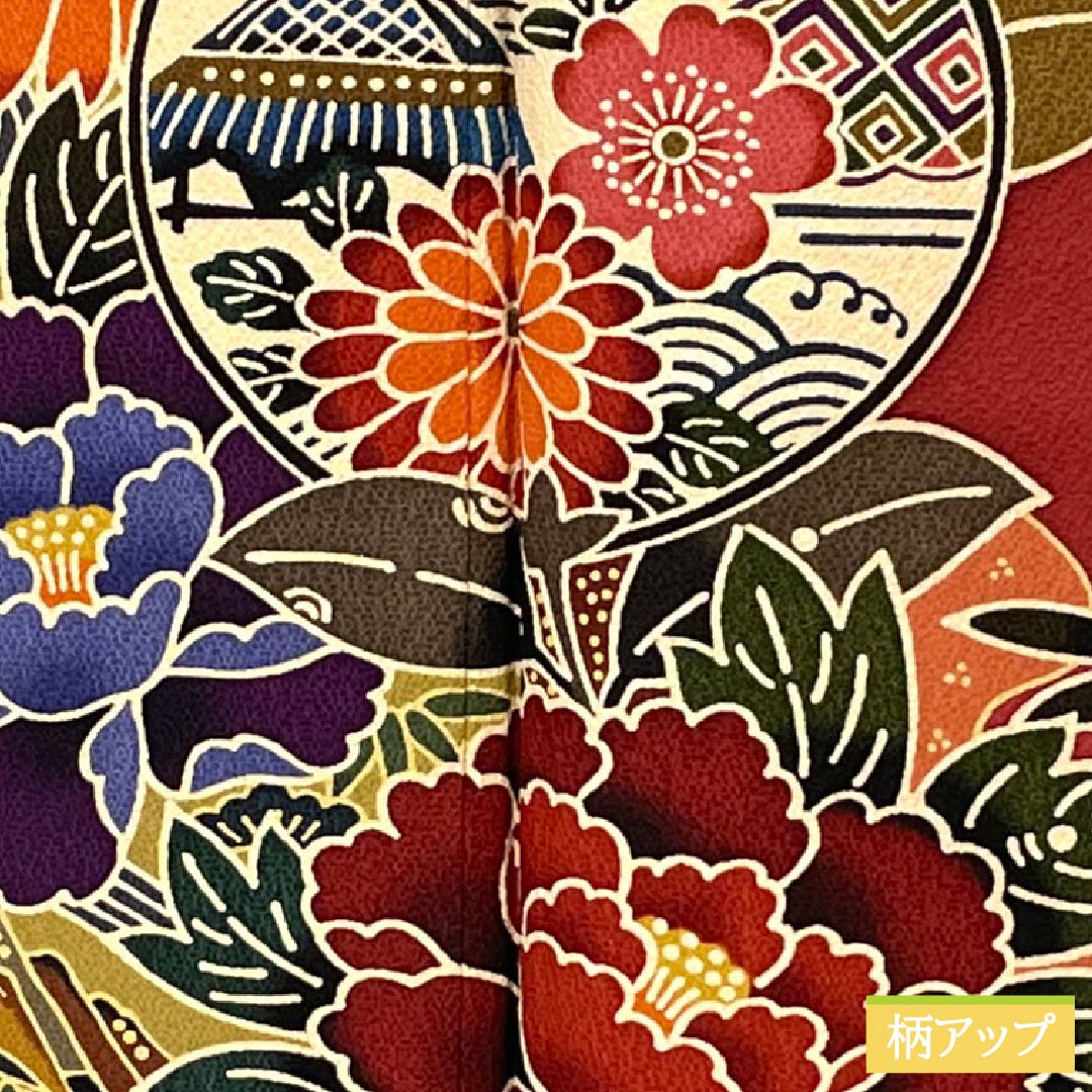 Kimono (Furisode) Pure Silk A Rank, Length 164.5cm, Sleeve-to-sleeve 67.5cm, Lined, Oxblood Red, Kyo-Bingata, Auspicious Motifs, Yume Guard Processed, Red tones, 1113002923412