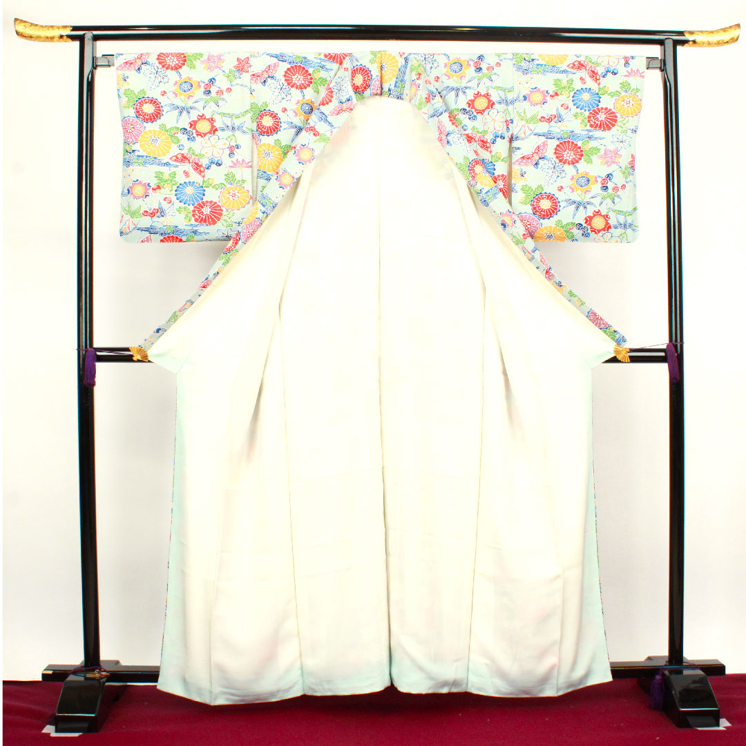 小紋 身丈160cm 裄丈64cm 袷  藍白色 京紅型 蝶 菊  正絹 Aランク 青系 1115003163417