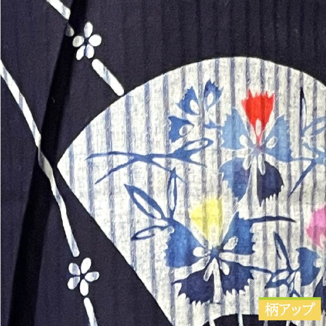 Yukata Cotton Length 160cm Sleeve length 65.5cm S rank Single layer Navy blue Folding fan Floral pattern 1118004522418