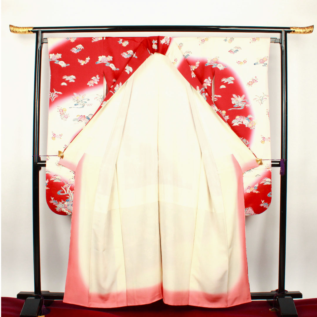 振袖 身丈161.5cm 裄丈64cm 袷  葡萄茶色 薄桜色 型染 茶屋辻 松竹梅  正絹 Aランク 赤系 1113000913412