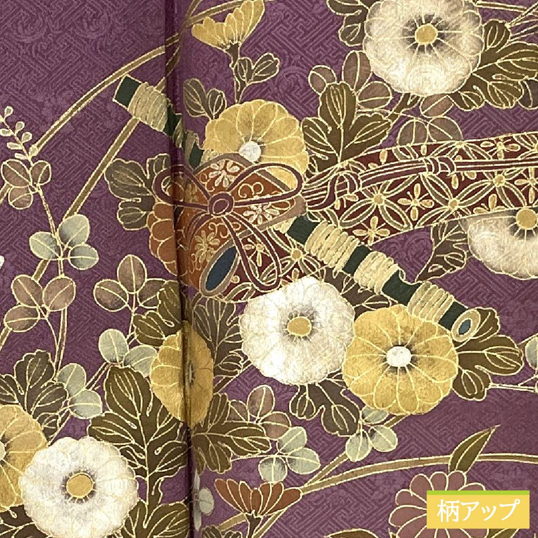 Visiting Kimono, Pure Silk, S Rank, Lined, Length 155.5cm, Sleeve Length 63cm, Crimson (Mekkouiro) Color, Kyoto Yuzen, Sewn Crest, Snow Rings with Different Hawk Feathers, Chrysanthemums, Hagi, Purple, Item Number: 1112006812320