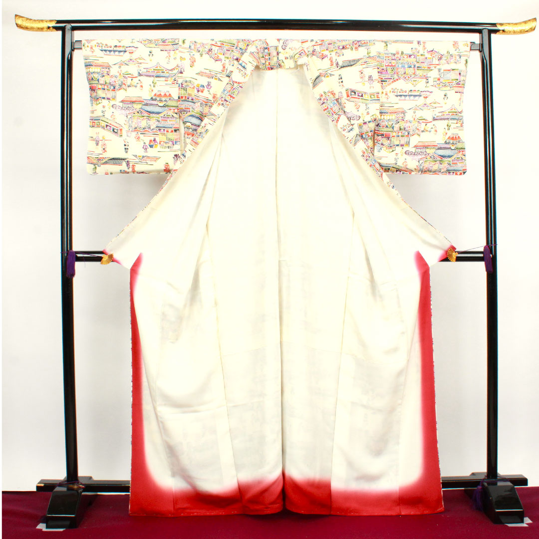 小紋 身丈167cm 裄丈66cm 袷  仕付け糸付き 未使用品 練色 型染 時代人物風景模様  正絹 Sランク クリーム系 1115003032515