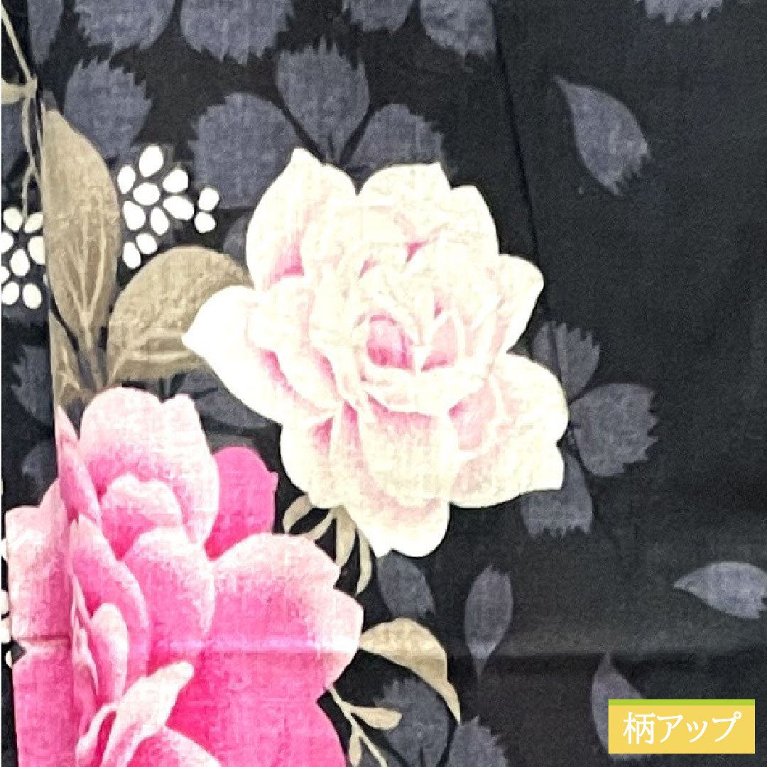 浴衣 木綿 身丈159cm 裄丈64.5cm Bランク 単衣 黒系 薔薇 カスミソウ 桜 1118004554310