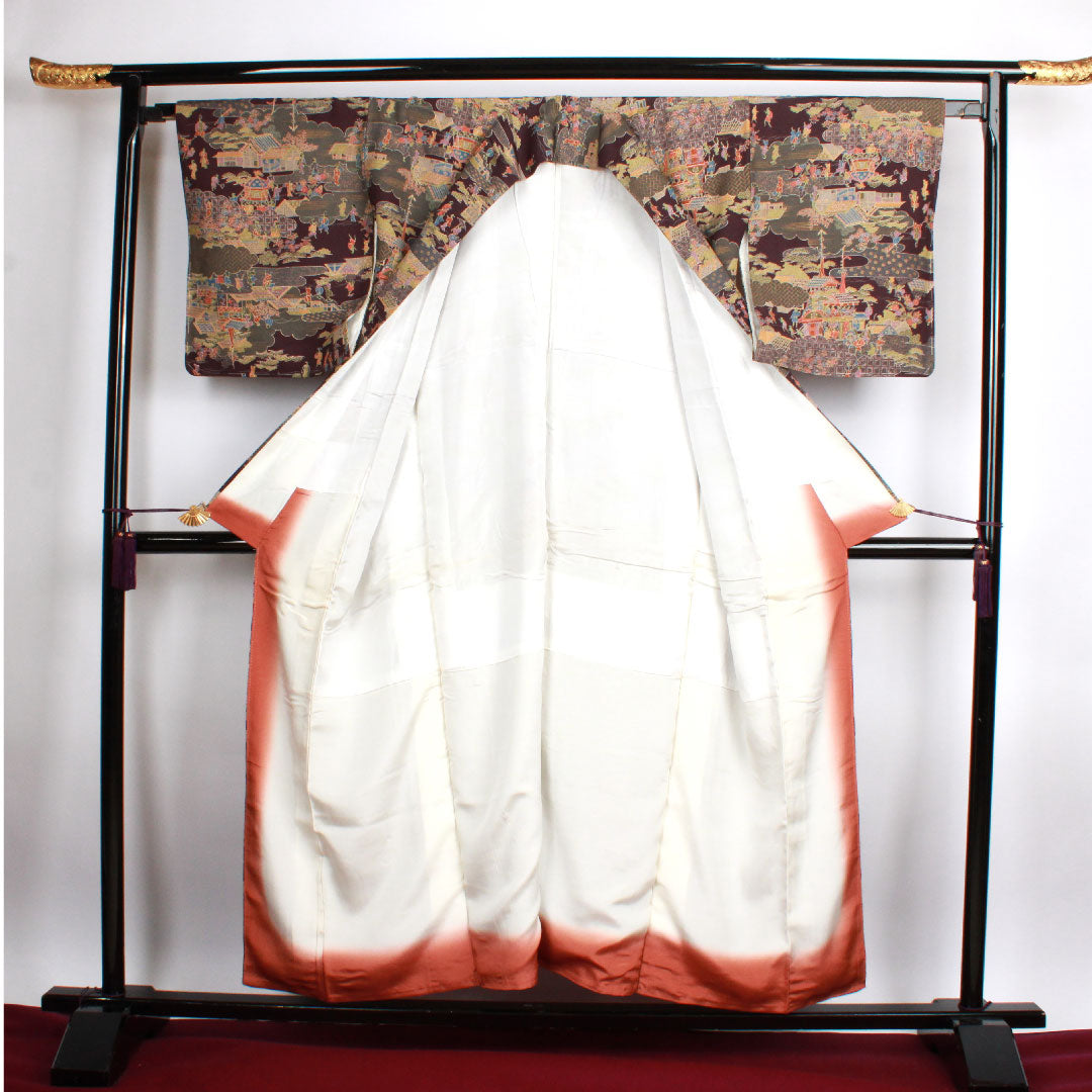 小紋 身丈153.5cm 裄丈65cm 袷  紫烏色 時代人物風景模様  正絹 Sランク 紫系 1115002322220