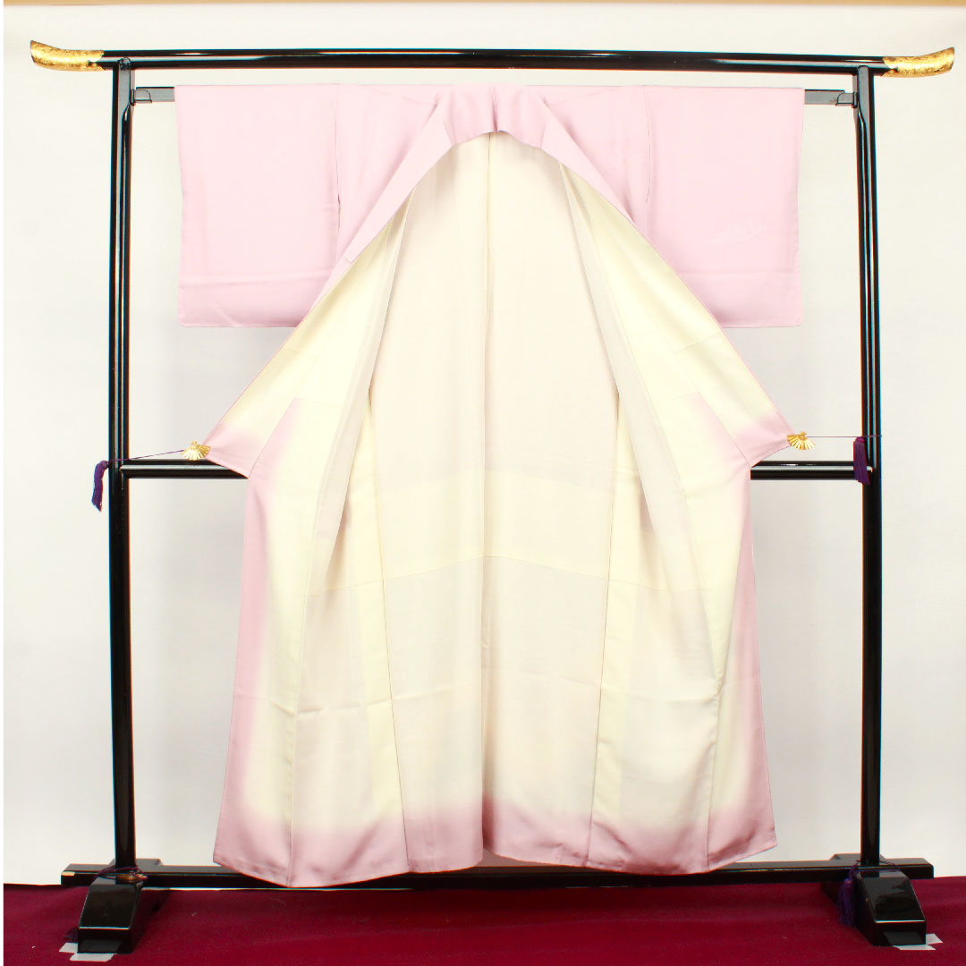 Homongi Awase, Length 153.5cm, Sleeve-to-shoulder 61.5cm, Obi-beni color, Landscape pattern, Gradation dyeing, Pure silk, S Rank, Pink系, 1112002202213